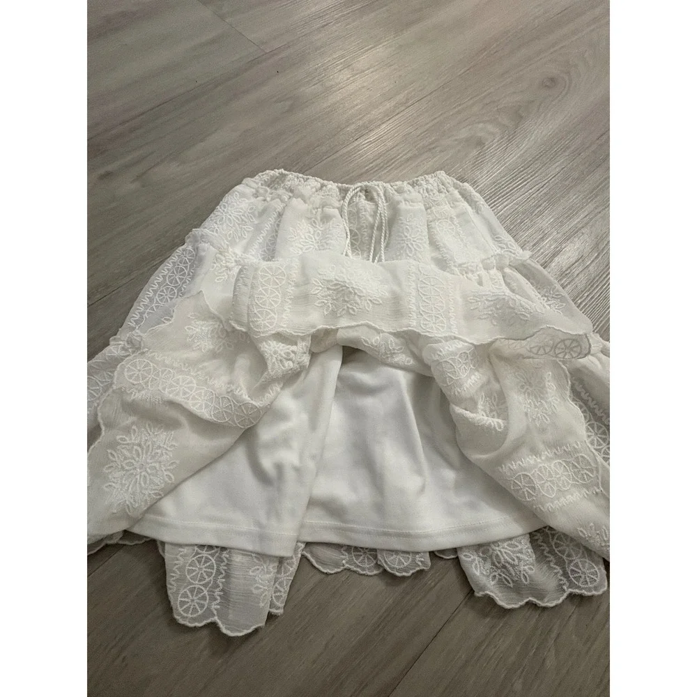Blu Pepper Mini Skirt Women White Embroidered Tiered Skirt Tassel Drawstring XS